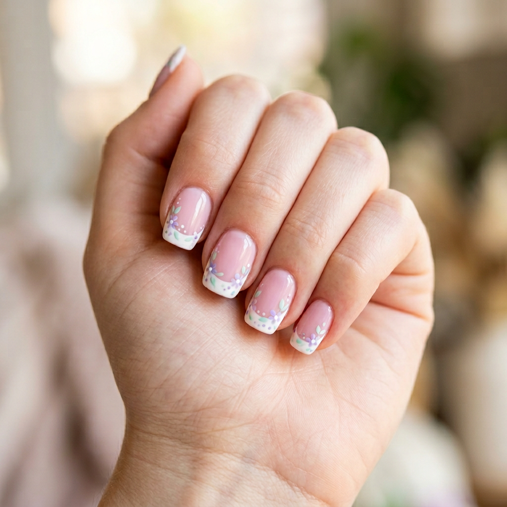 pastel French tips with tiny flowers