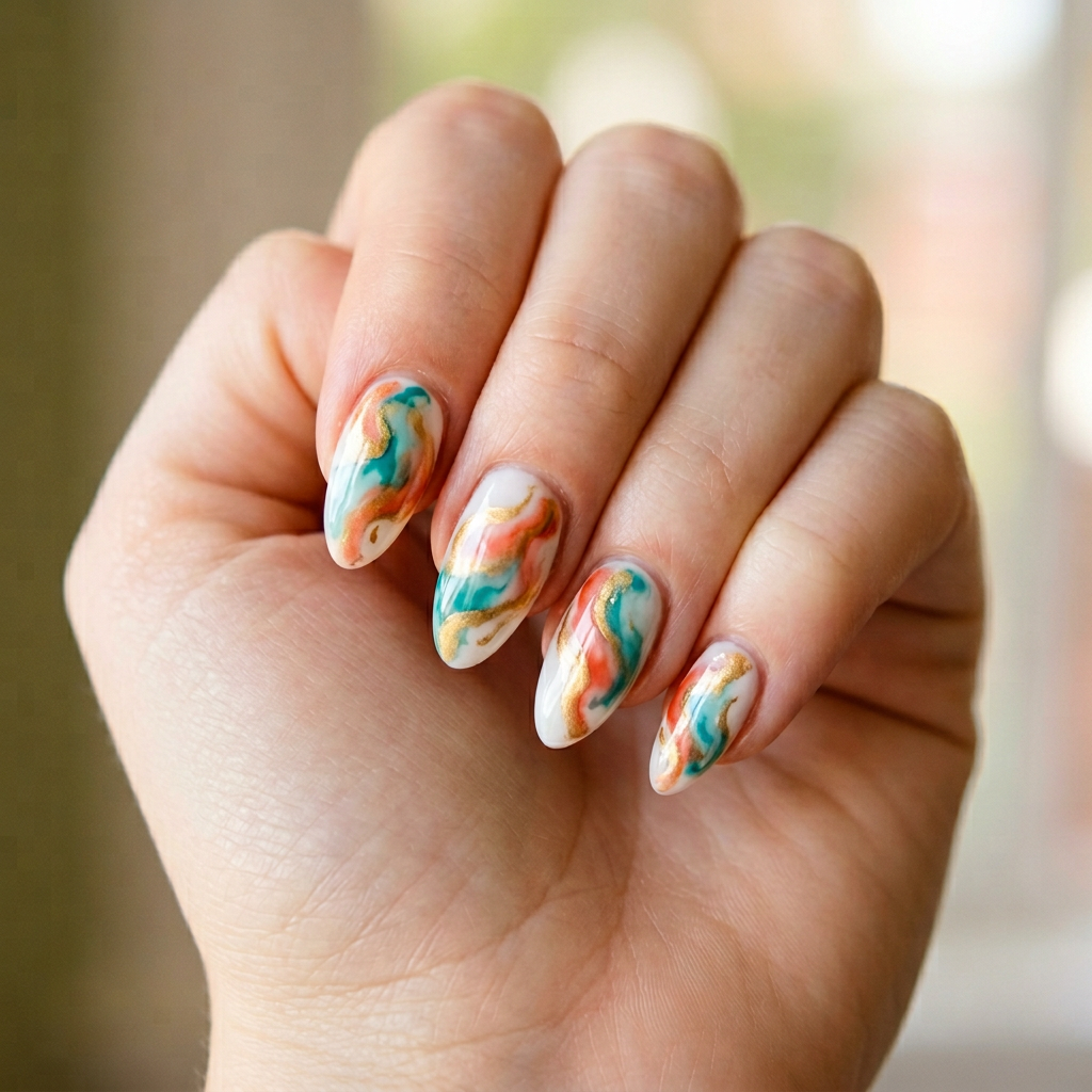 abstract watercolor nail art with swirls of teal, coral, and gold
