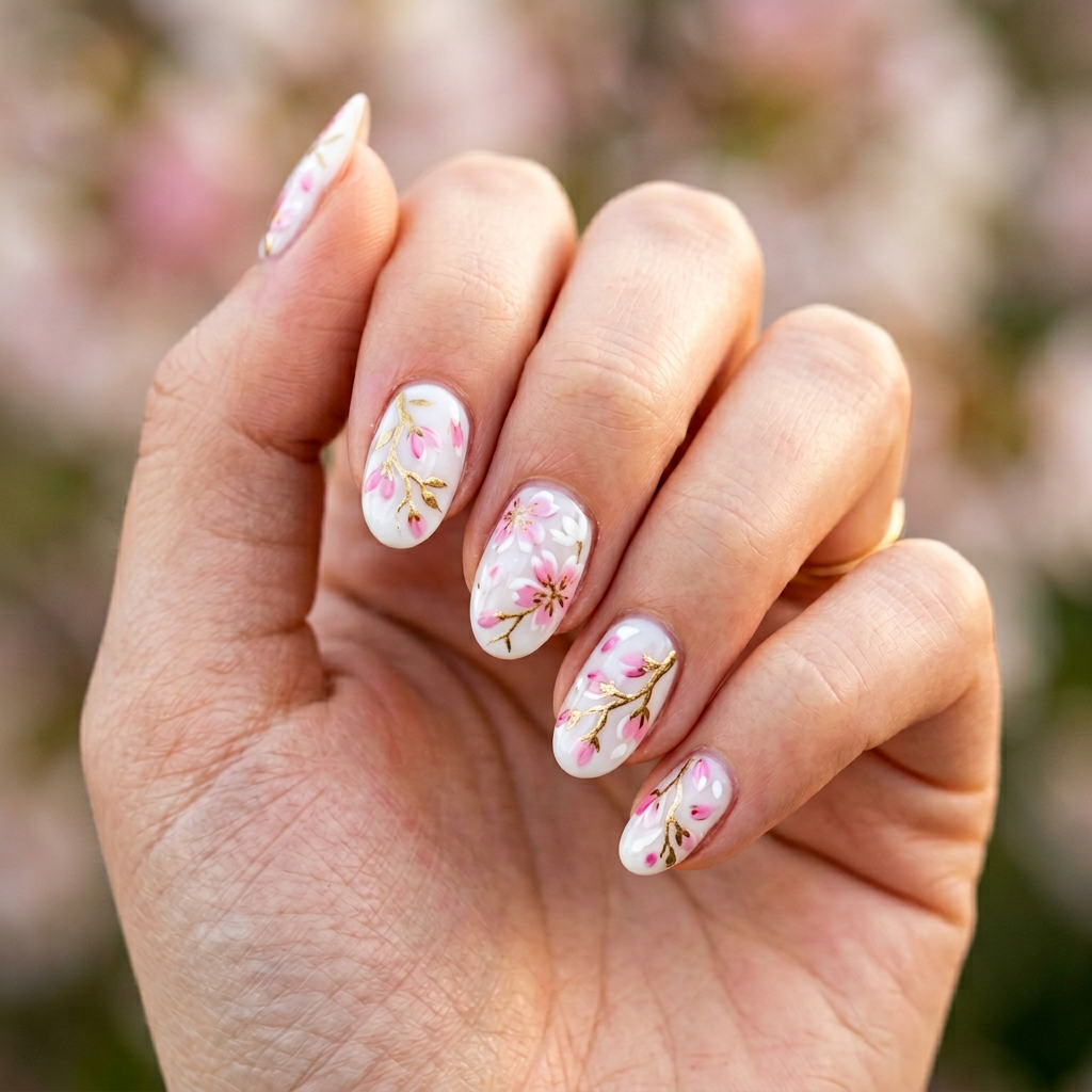 cherry blossom nail art with pink petals and gold branch details