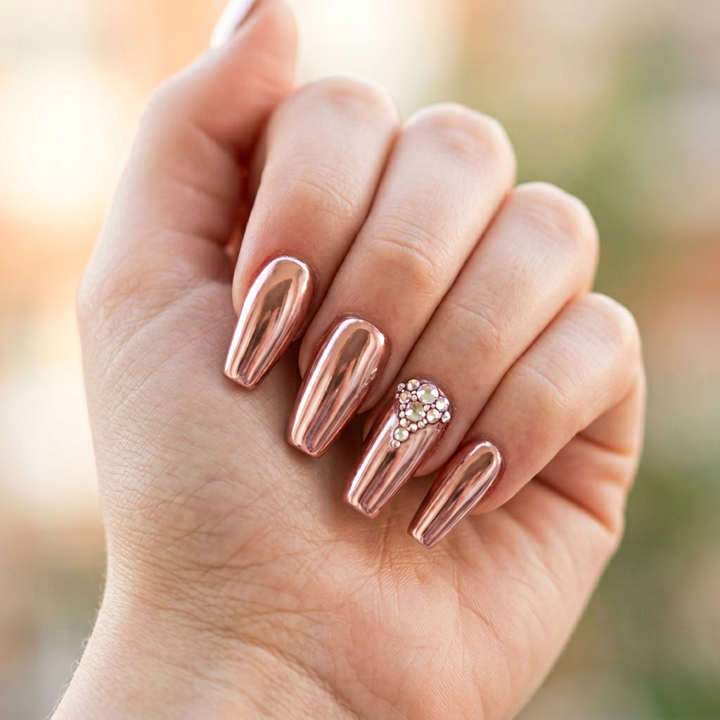 rose gold chrome nails with crystal accents