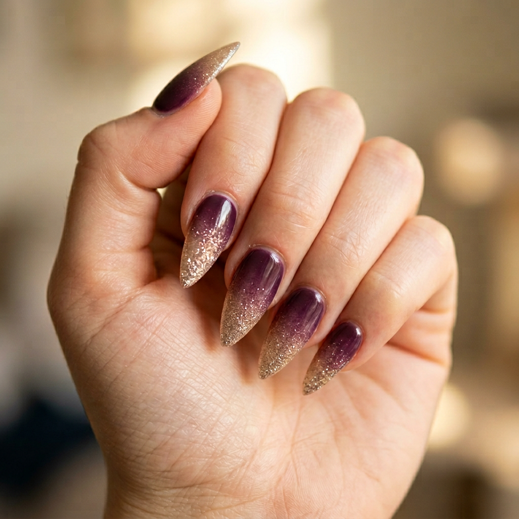 ombre nails from deep plum to sparkling champagne glitter