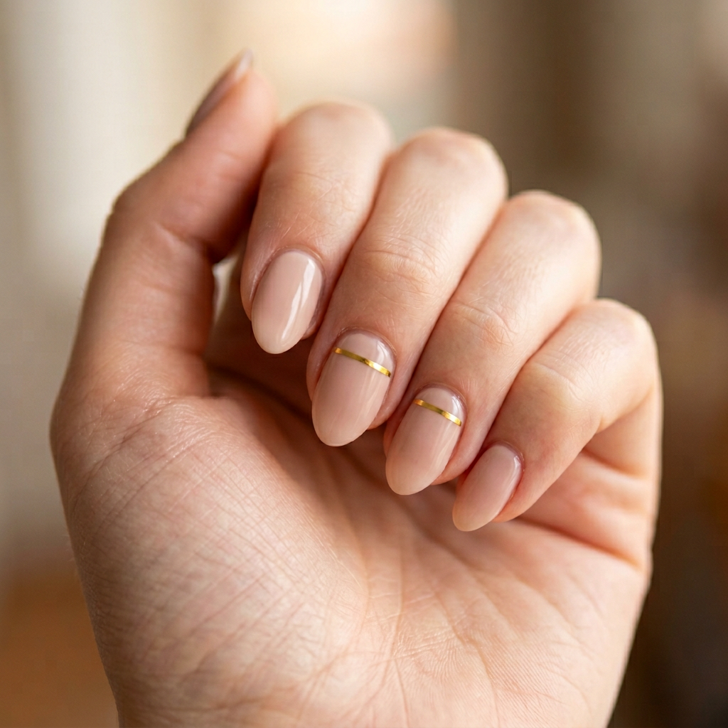 clean minimal nude nails with a single thin gold line accent