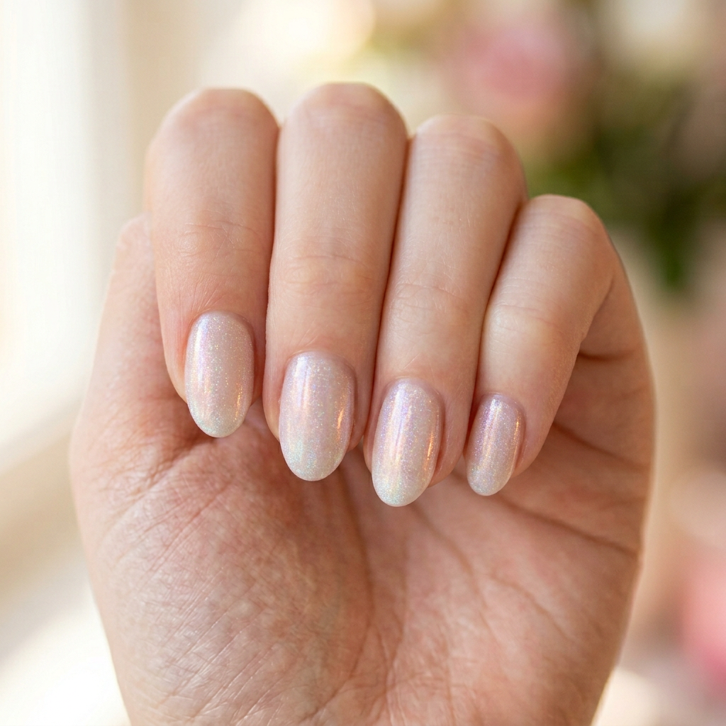 sheer milky white glazed donut nails with subtle holographic shimmer